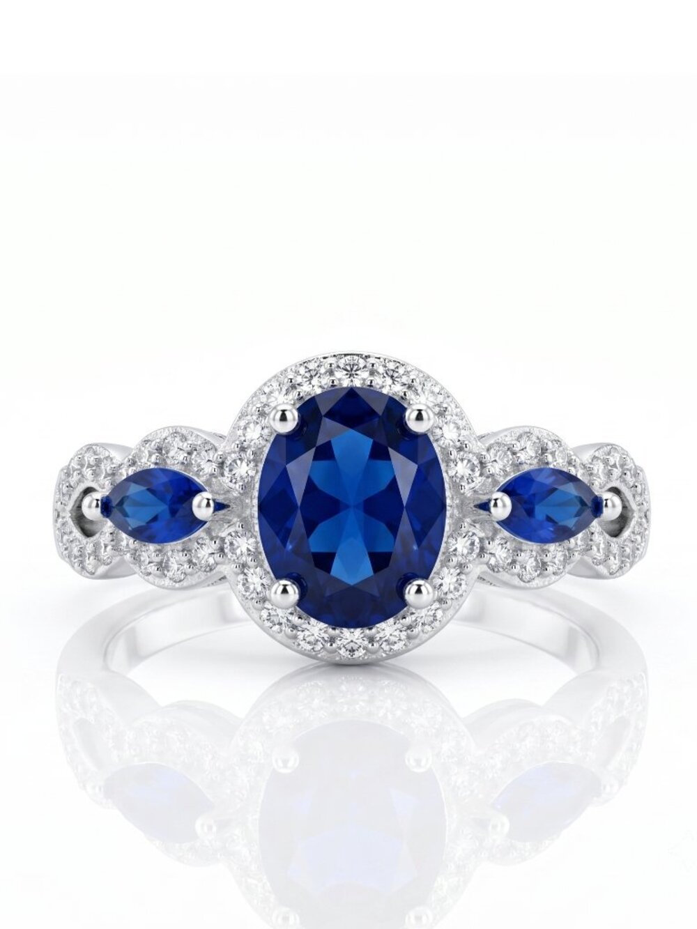 Oval Cut Blue Sapphire Halo Ring - 925 Sterling Silver Vintage Charmed Aroma